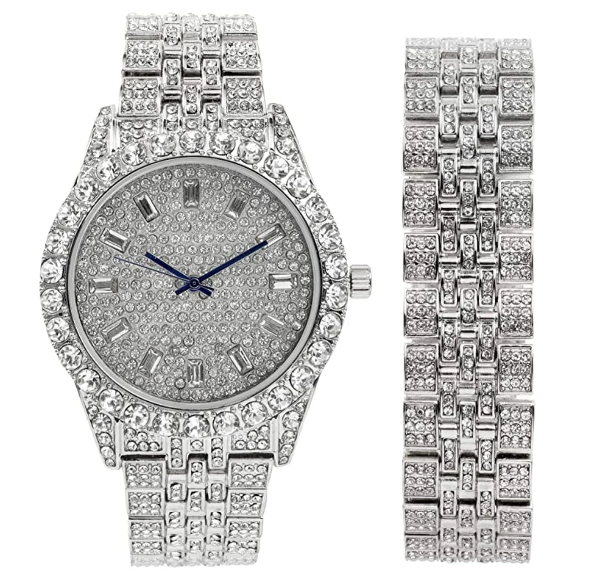 Silver Color Watch Cuban Bracelet Simulated Diamond Blue Dial Watch Set Bust Down Gold Watch Red Face Hip Hop Jewelry Bundle