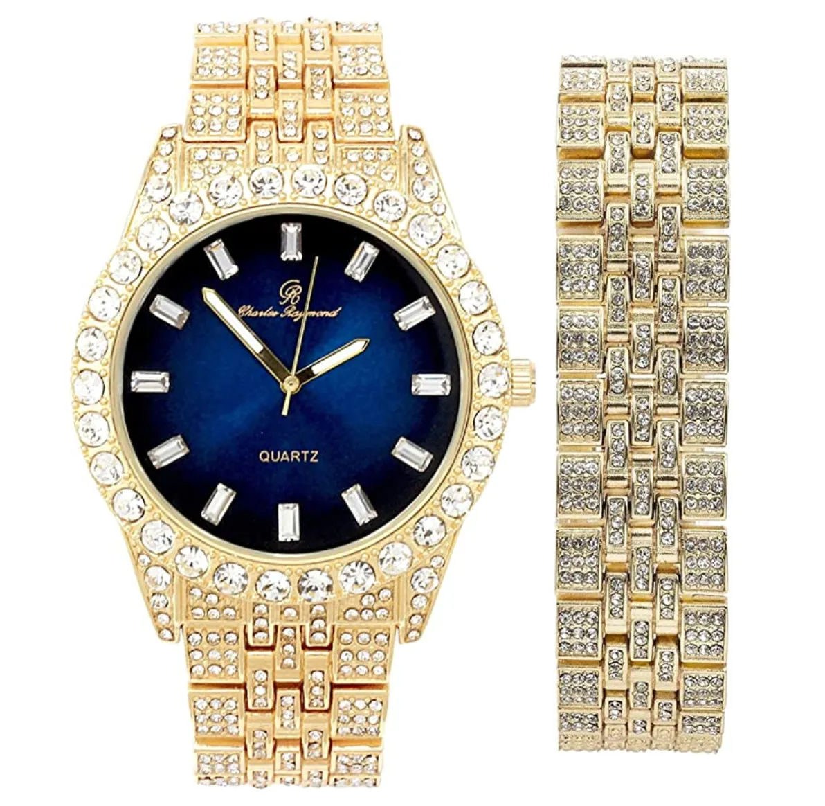 Silver Color Watch Cuban Bracelet Simulated Diamond Blue Dial Watch Set Bust Down Gold Watch Red Face Hip Hop Jewelry Bundle