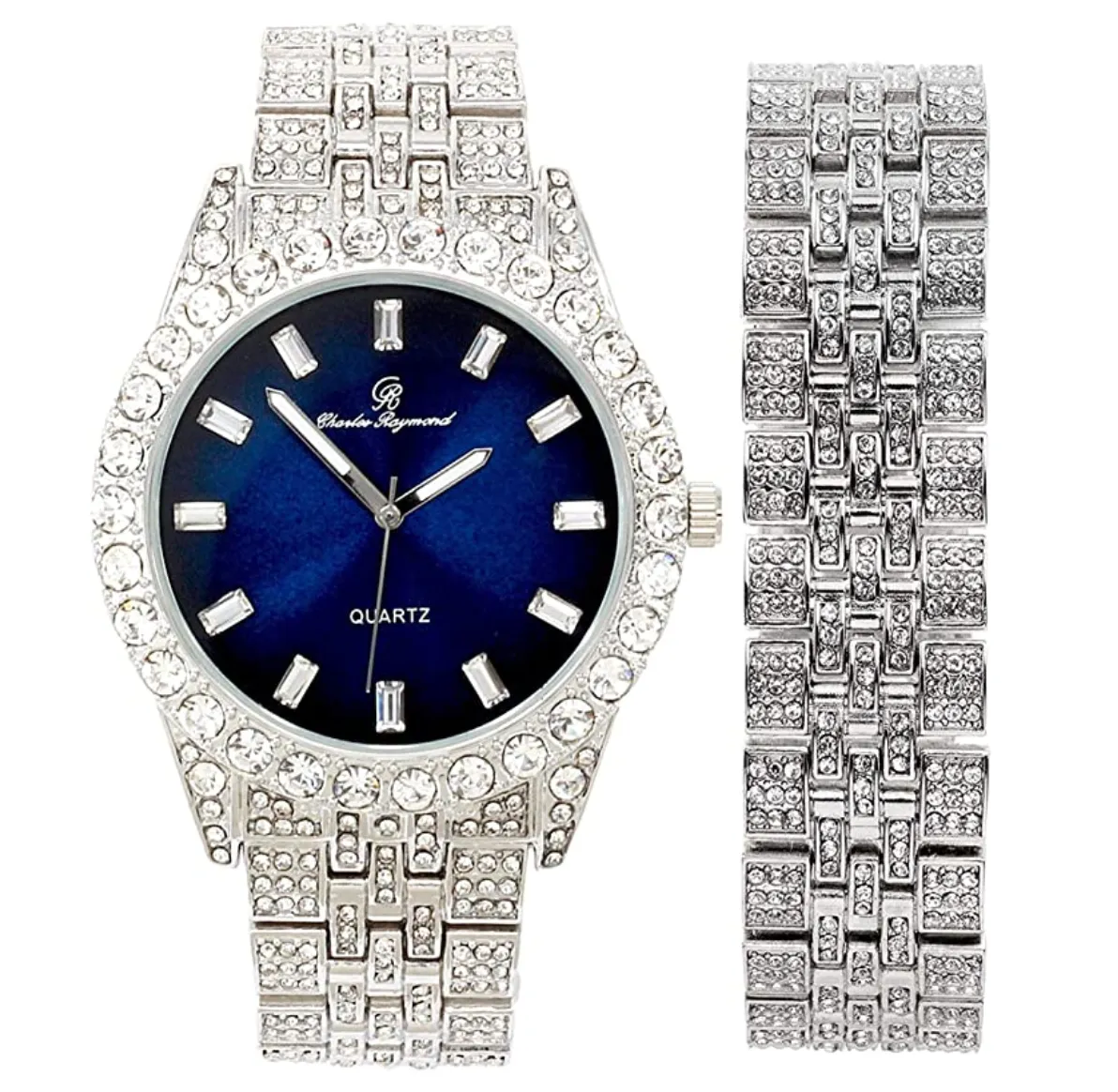 Silver Color Watch Cuban Bracelet Simulated Diamond Blue Dial Watch Set Bust Down Gold Watch Red Face Hip Hop Jewelry Bundle