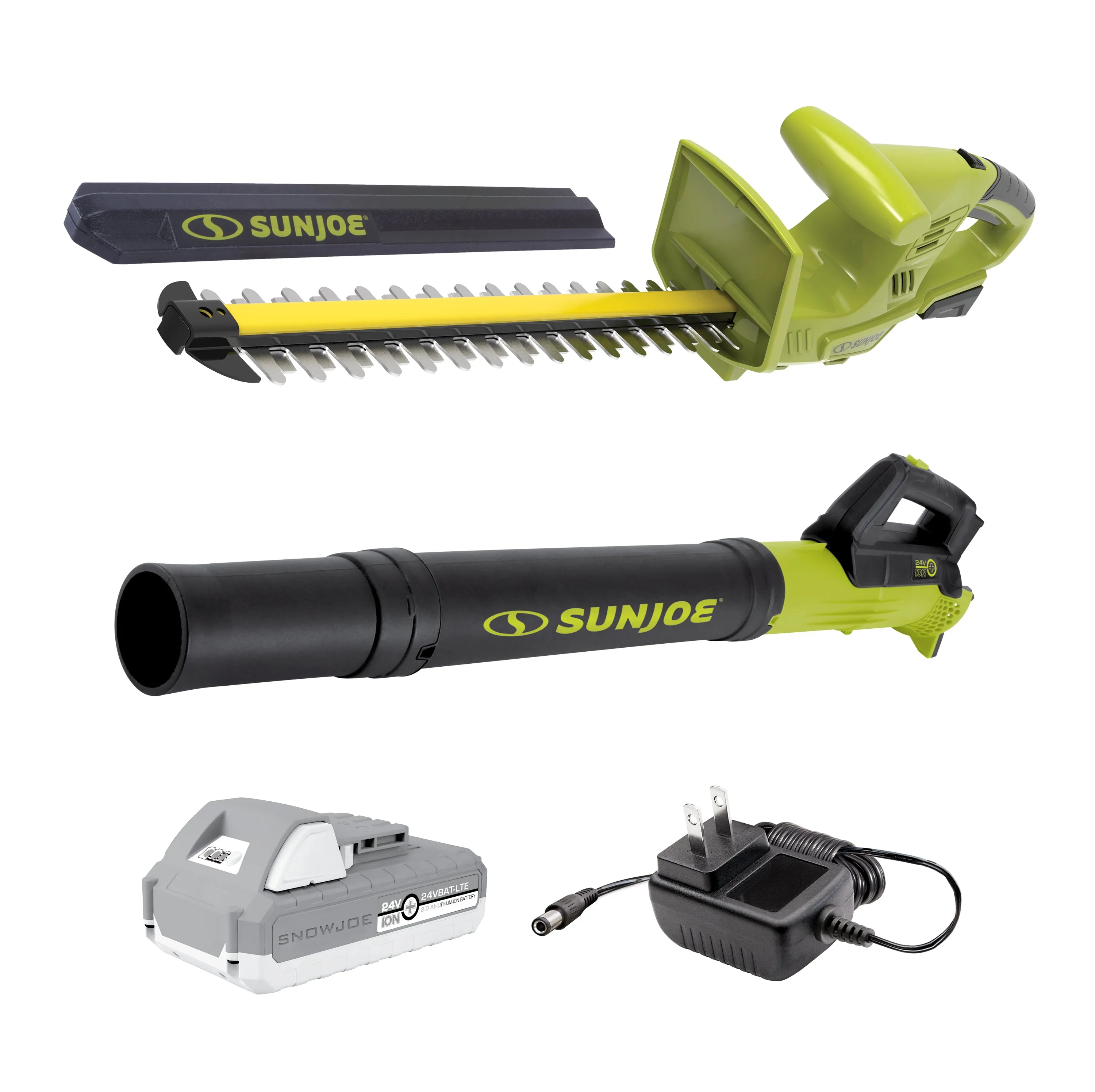 Sun Joe 24V-HT18-TB-LTE Garden Combo Kit w/ 24V* 2.0-Ah Batteries   Charger | Hedge Trimmer | Turbine Blower