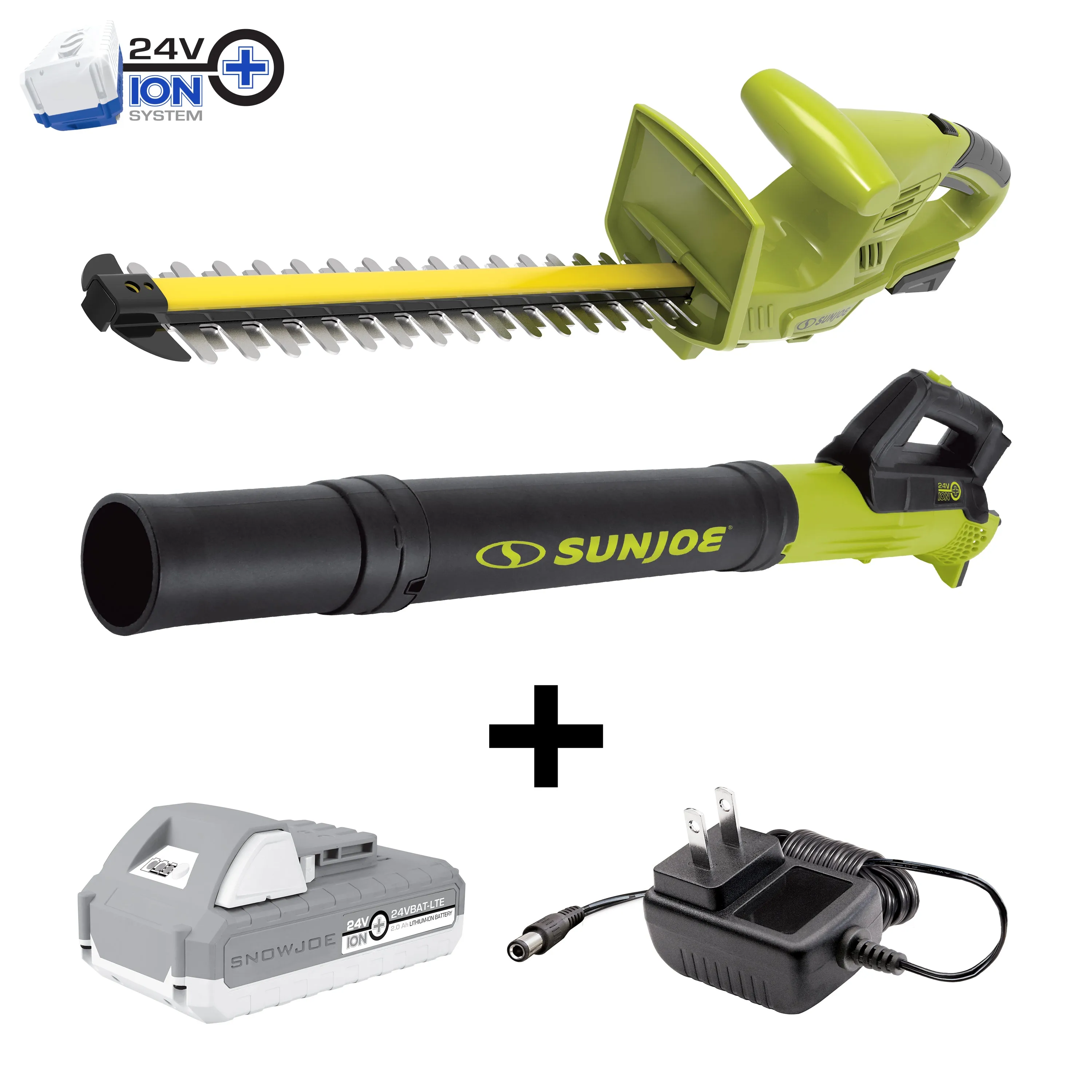 Sun Joe 24V-HT18-TB-LTE Garden Combo Kit w/ 24V* 2.0-Ah Batteries   Charger | Hedge Trimmer | Turbine Blower