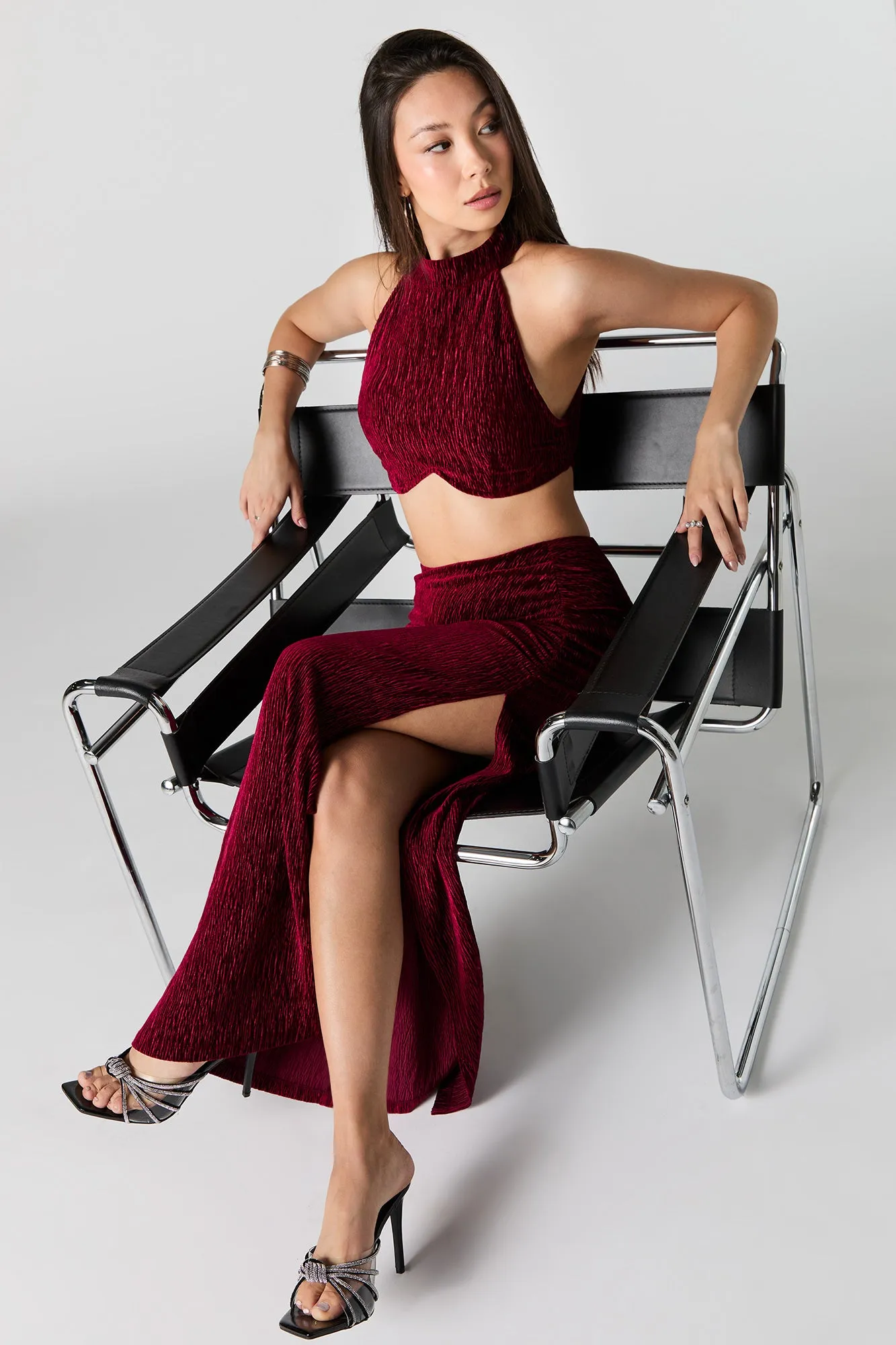 Textured Velvet Slit Maxi Skirt