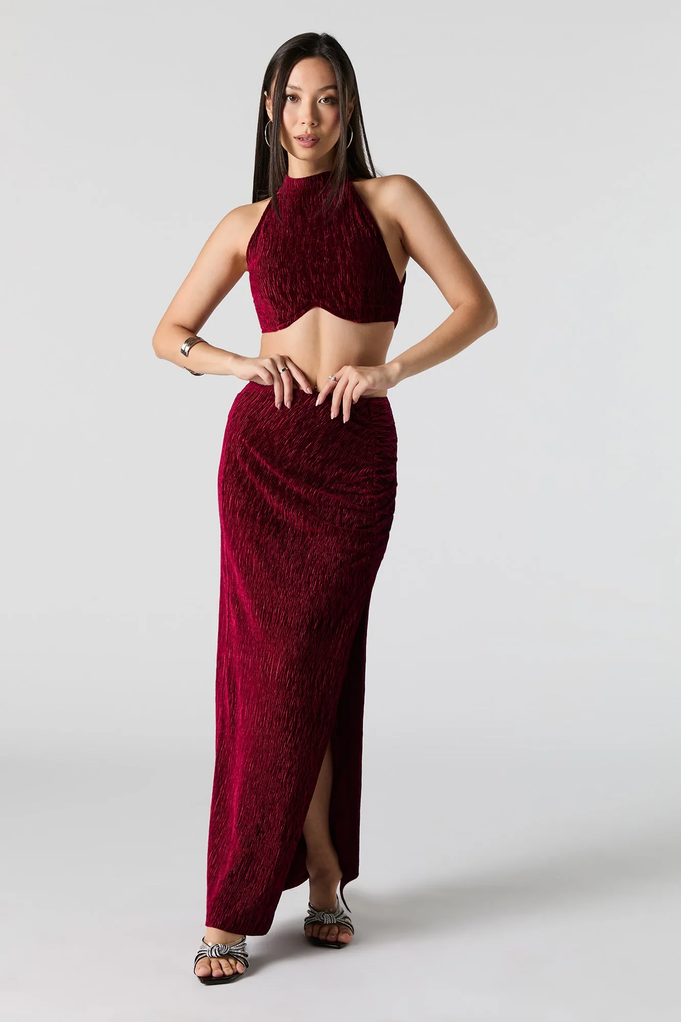Textured Velvet Slit Maxi Skirt