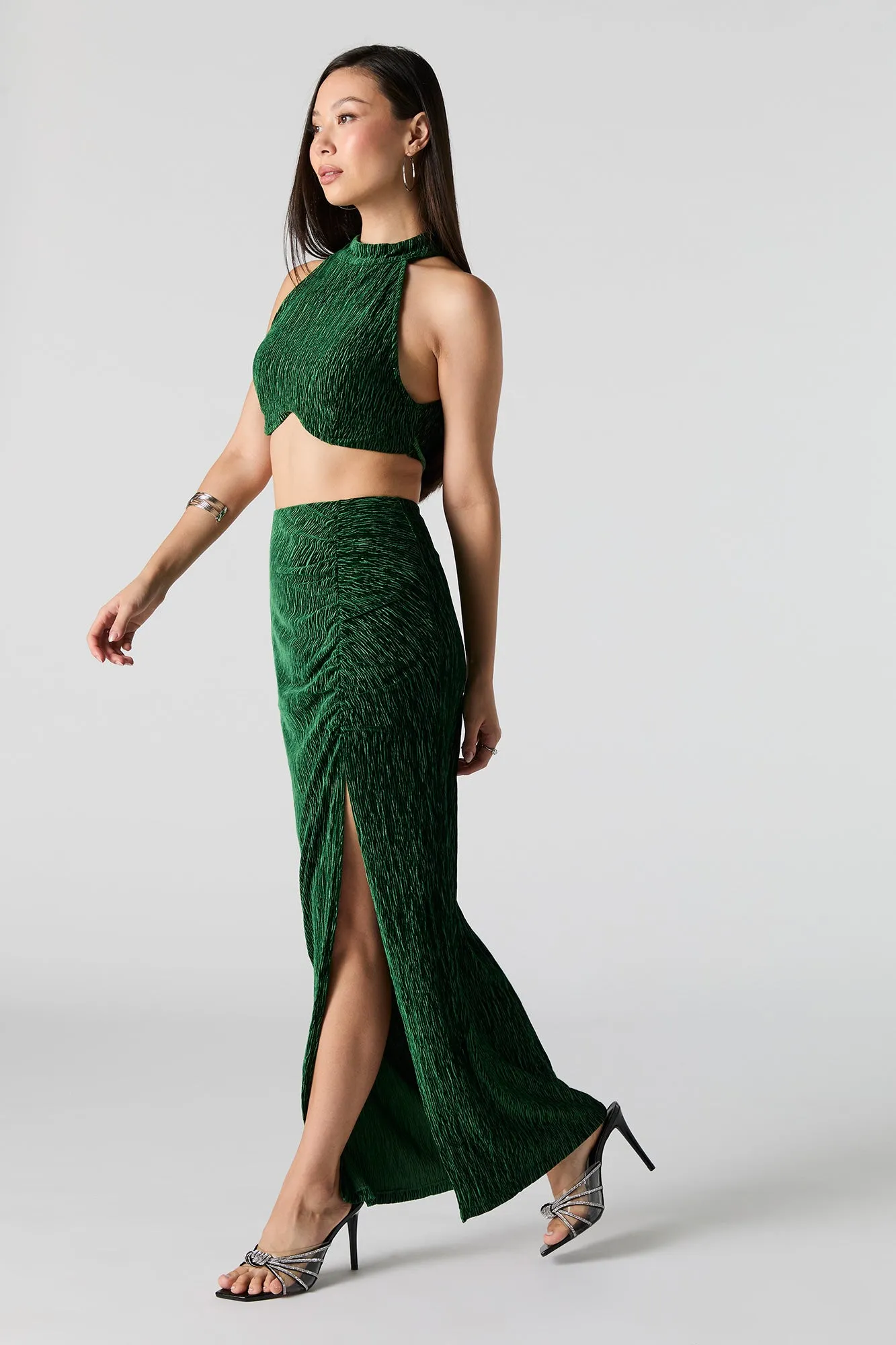 Textured Velvet Slit Maxi Skirt