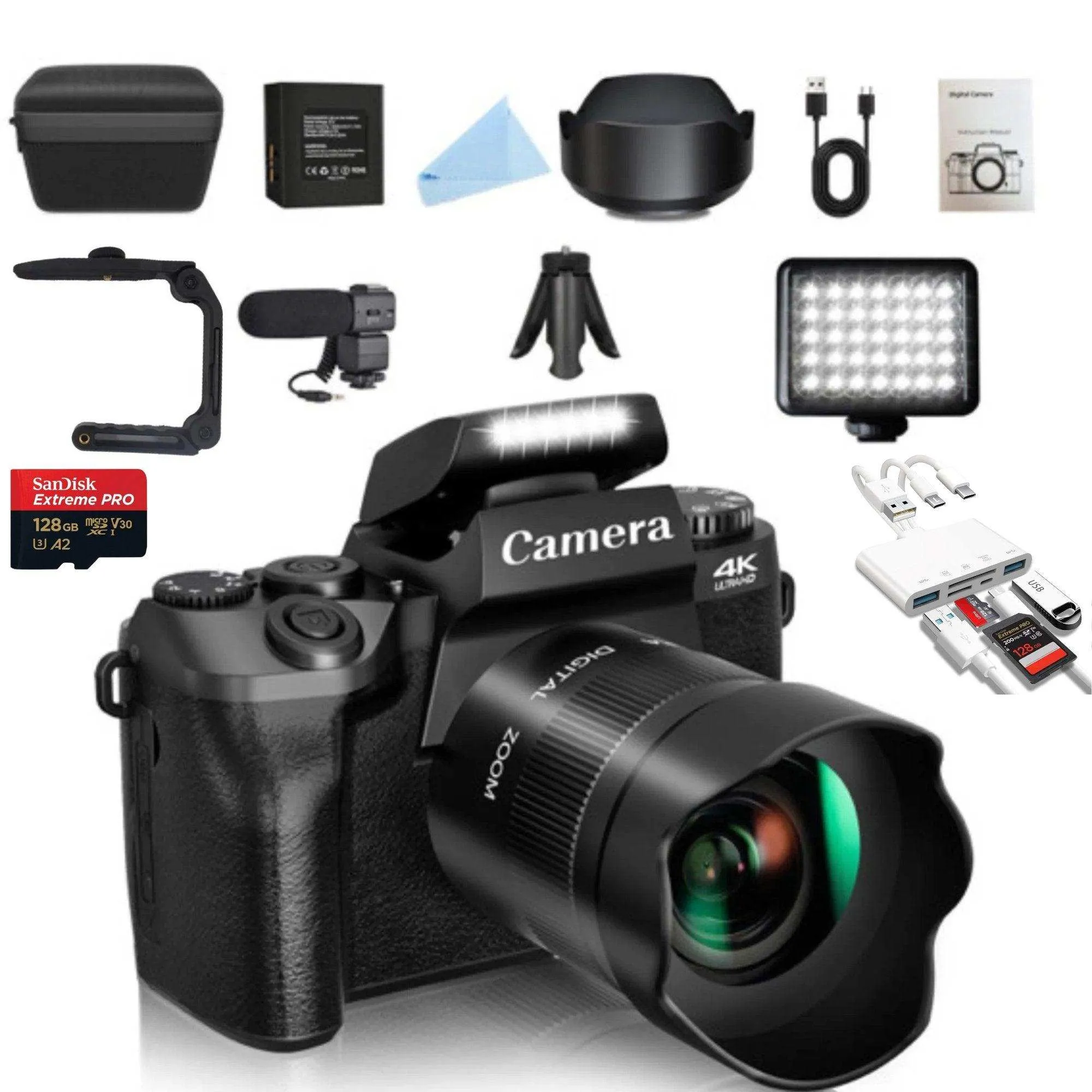 TUTT W5 4K/60fps Mirrorless 64MP Digital Camera and Camcorder 16X Zoom | Dual Camera for Selfie Vlogging | Full Combo   128GB SanDisk Pro Extreme SD/TF Kit
