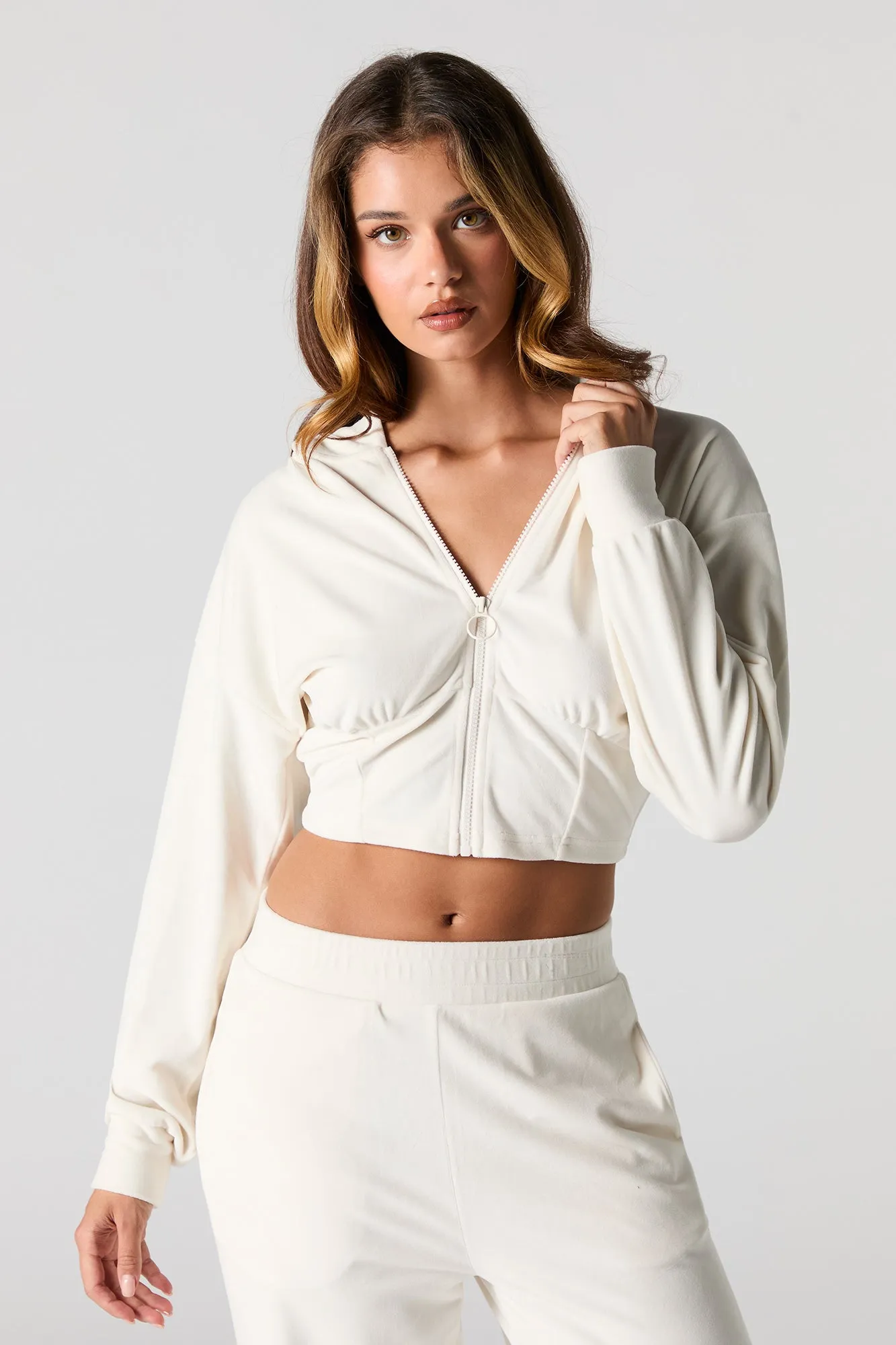 Velour Corset Style Zip-Up Hoodie
