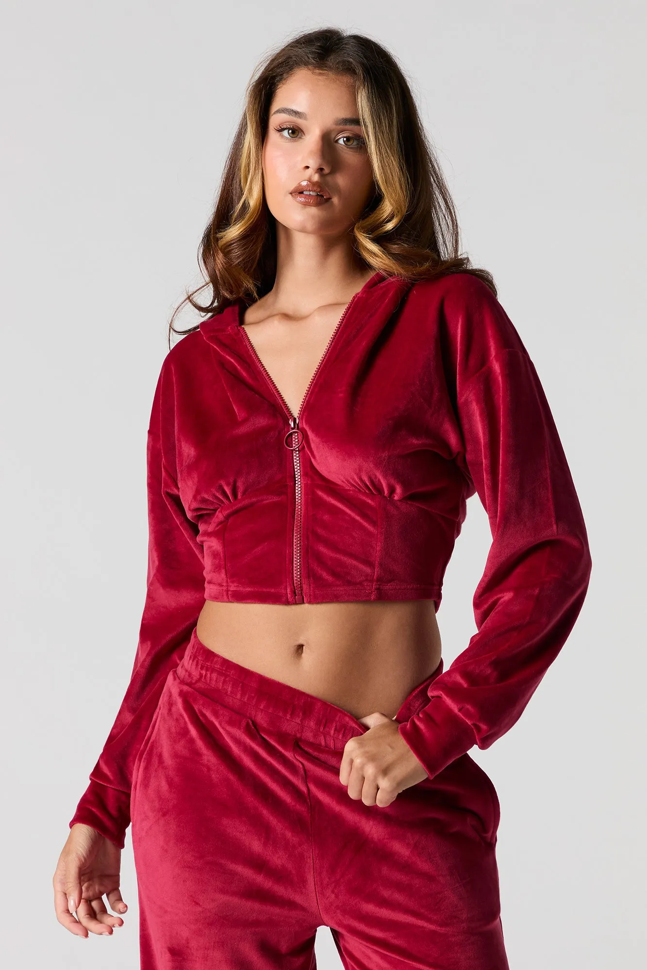 Velour Corset Style Zip-Up Hoodie