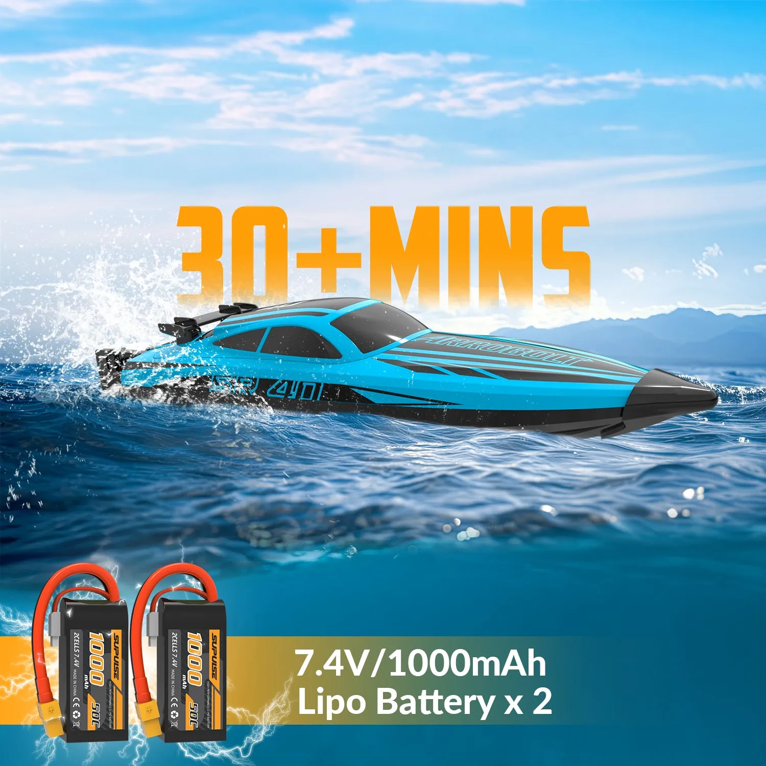 VOLANTEXRC Arrobolt SR40 Brushless 30 MPH Fast RC Boat, High Speed RC Boat for Adults (79705-blue)