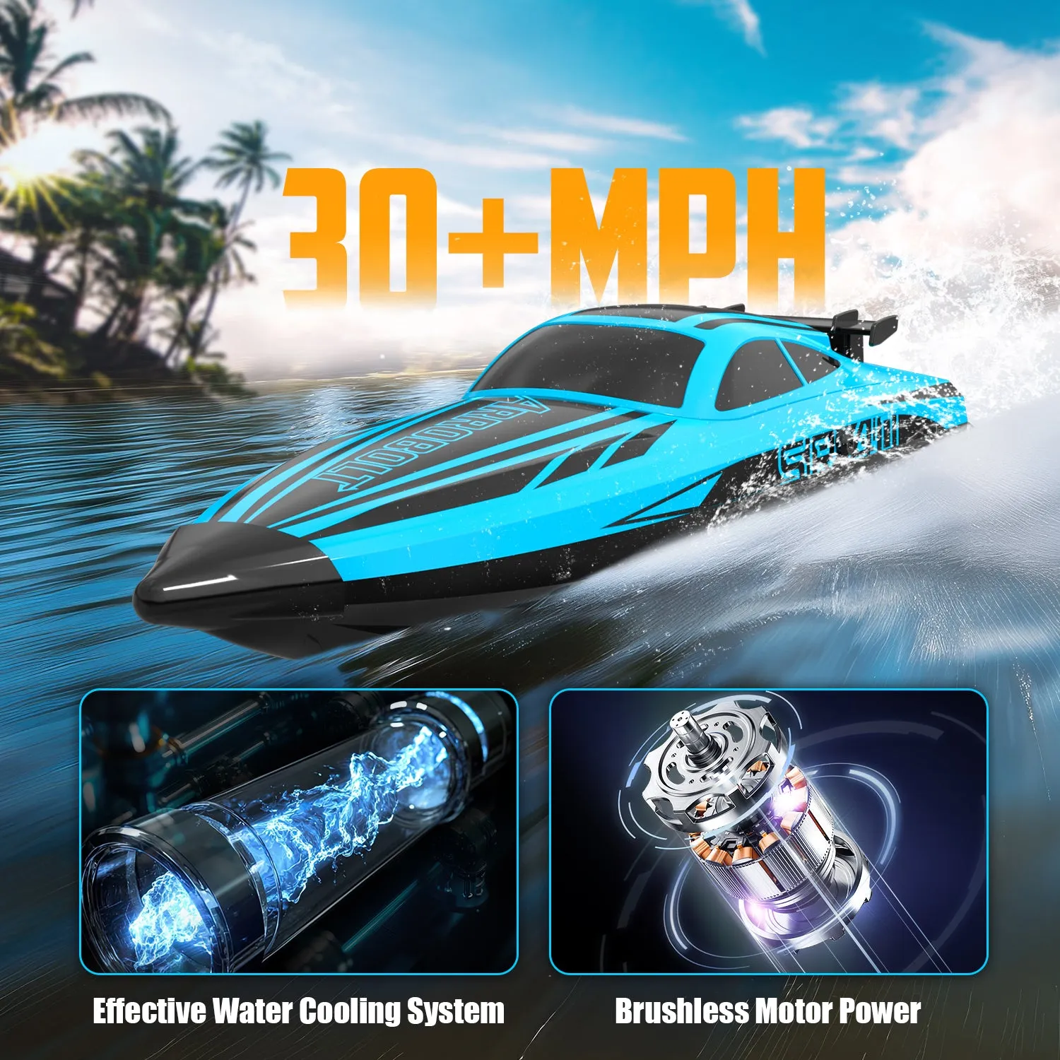 VOLANTEXRC Arrobolt SR40 Brushless 30 MPH Fast RC Boat, High Speed RC Boat for Adults (79705-blue)