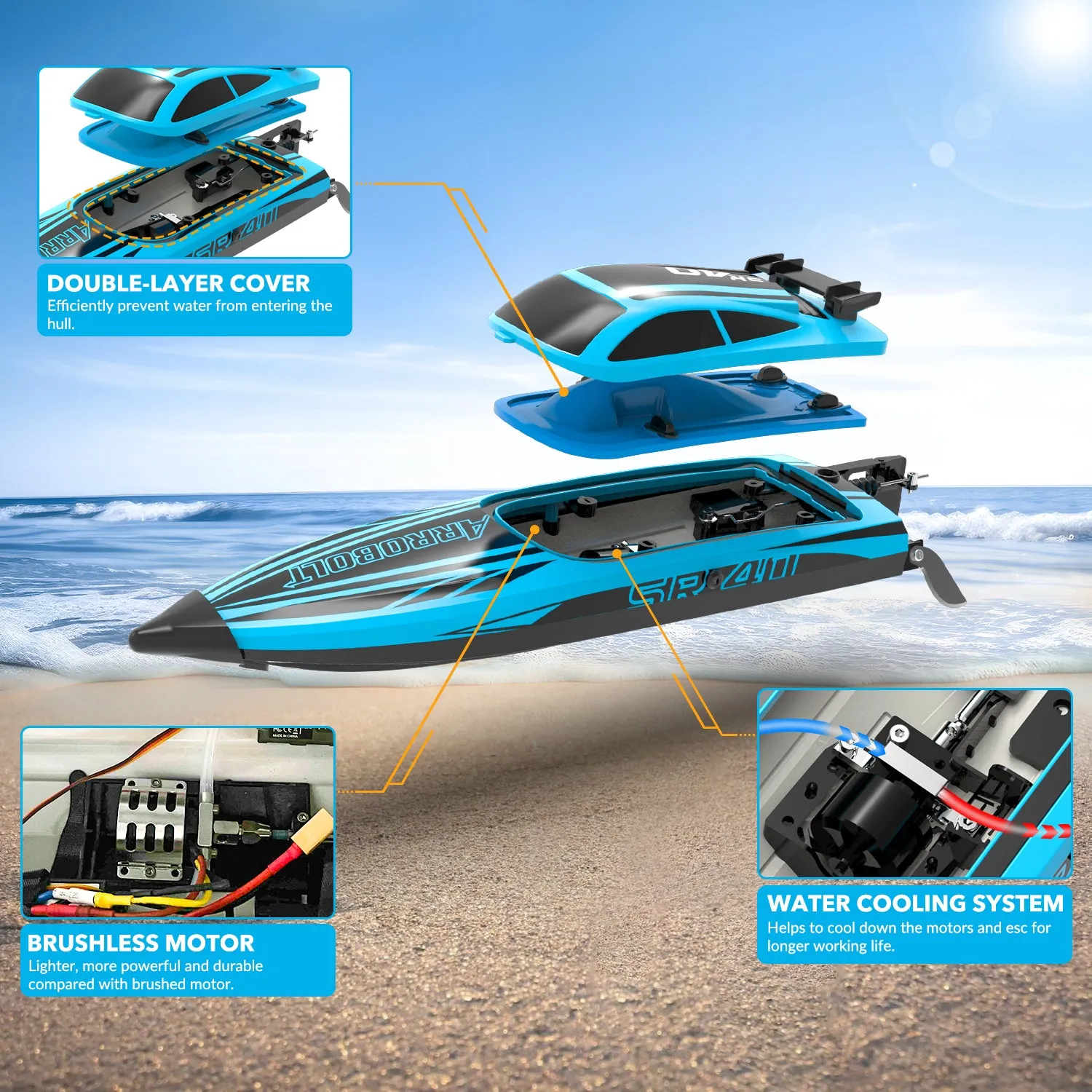 VOLANTEXRC Arrobolt SR40 Brushless 30 MPH Fast RC Boat, High Speed RC Boat for Adults (79705-blue)
