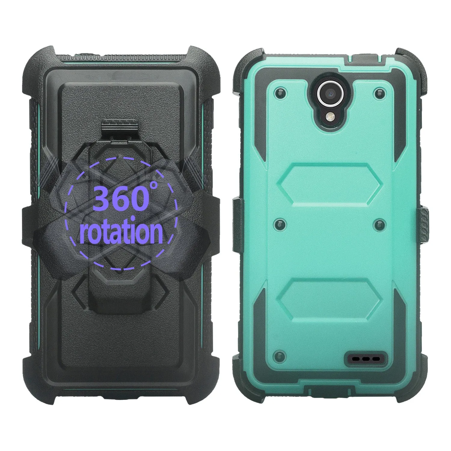 ZTE Prestige 2, Overture 3, Maven 3, Prelude Plus, ZTE 9136, Midnight Pro, Rugged Full-Body, Built-in Screen Protector, Heavy Duty Holster Combo Case Cover - Teal