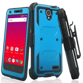 ZTE Prestige Case, Sonata 3, ZTE Avid Plus, ZTE Avid Trio, ZFive 2, Midnight Pro, Maven 2, Cheers, Rugged [Built-in Screen Protector] Heavy Duty Holster Shell Combo Case Cover - Blue